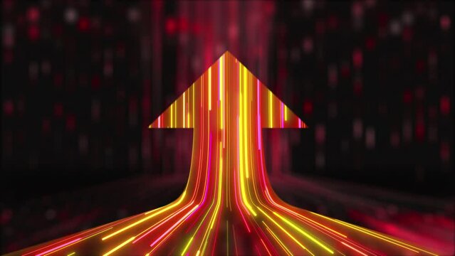 Abstract glowing neon arrow pointing in the right direction up. Communication Digital Technology Forward Concept Video Motion Loop Background