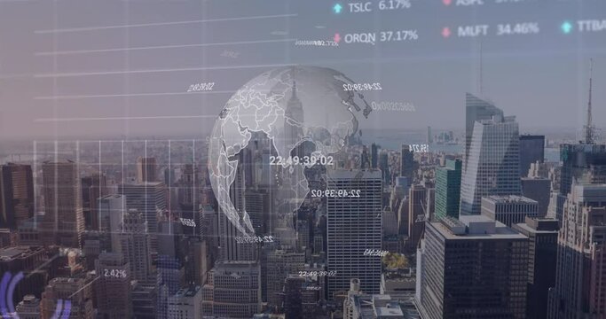 Animation of spinning globe, statistical, stock market data processing over aerial view of cityscape - Powered by Adobe