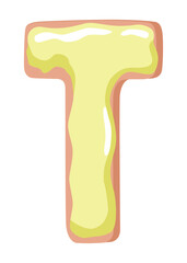 Cartoon cookies font. Vector letter baking in colored glaze. Creative gingerbread typography design. Childhood sweet donut. Letter T