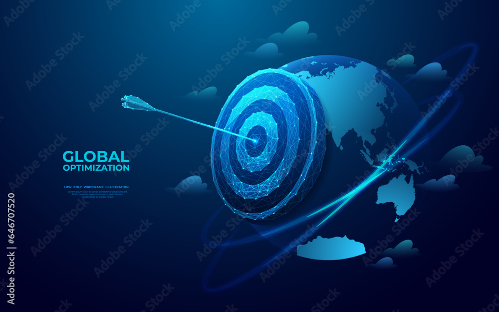 Aufkleber Abstract digital planet Earth and target with bow arrow in a bullseye. Global mission concept. Futuristic low poly vector illustration on blue technology background. Global market, goal and success.