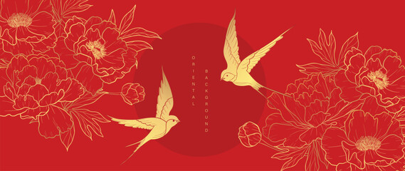 Luxury oriental japanese pattern background vector. Elegant swallow bird and peony flower golden line art on red background. Design illustration for decoration, wallpaper, poster, banner, card. © TWINS DESIGN STUDIO