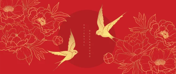 Tapeten Luxury oriental japanese pattern background vector. Elegant swallow bird and peony flower golden line art on red background. Design illustration for decoration, wallpaper, poster, banner, card. © TWINS DESIGN STUDIO