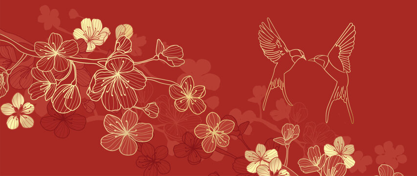 Luxury Oriental Japanese Pattern Background Vector. Elegant Swallow Bird And Peony Flower Golden Line Art On Red Background. Design Illustration For Decoration, Wallpaper, Poster, Banner, Card.