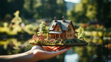 caring for the environment. miniature house in a man's hand