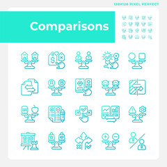 2D pixel perfect gradient icons pack representing comparisons, blue thin line illustration.