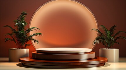 Obraz premium podium with lighting and plants.AI Generated. 