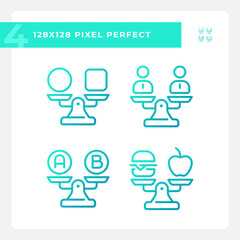 Pixel perfect gradient icons set of comparisons, blue thin linear illustration.