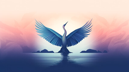A blue bird flies over the water on a pink background, generative AI.