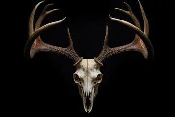 Crédence de cuisine en verre imprimé Cerf Decorative Deer Skull Looking Forward With Antlers On A Black Background Created Using Artificial Intelligence