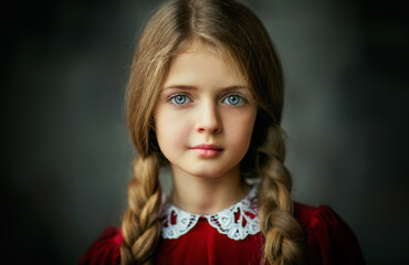 Close up portrait of a beautiful young girl with long braid hair in vintage dress - obrazy, fototapety, plakaty
