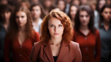 Obraz premium Standing out from the crowd concept with woman looking at camera from large crowd of people