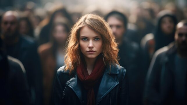 Standing out from the crowd concept with woman looking at camera from large crowd of people