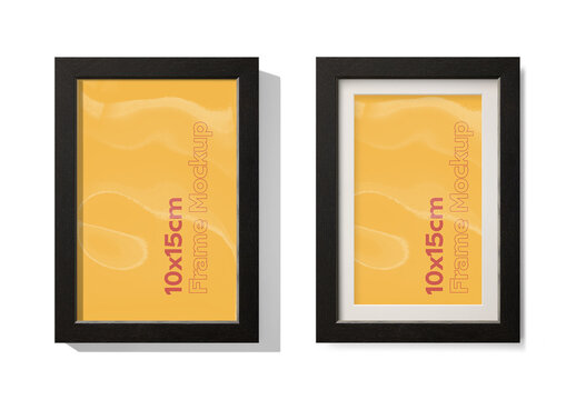 Mockup of vertical black wood frame 10 x 15 cm with customizable background, mount and shadows