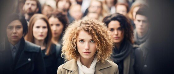 Standing out from the crowd concept with woman looking at camera from large crowd of people