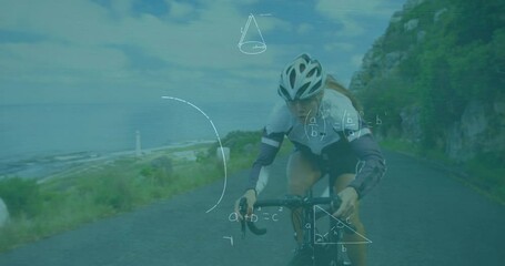Animation of mathematical equations over caucasian female cyclist riding a bicycle on the street - Powered by Adobe