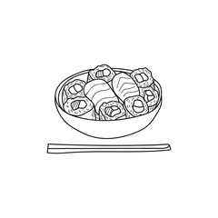 Sushi rolls in bowl doodle illustration in vector. Hand drawn sushi rolls icon in vector.