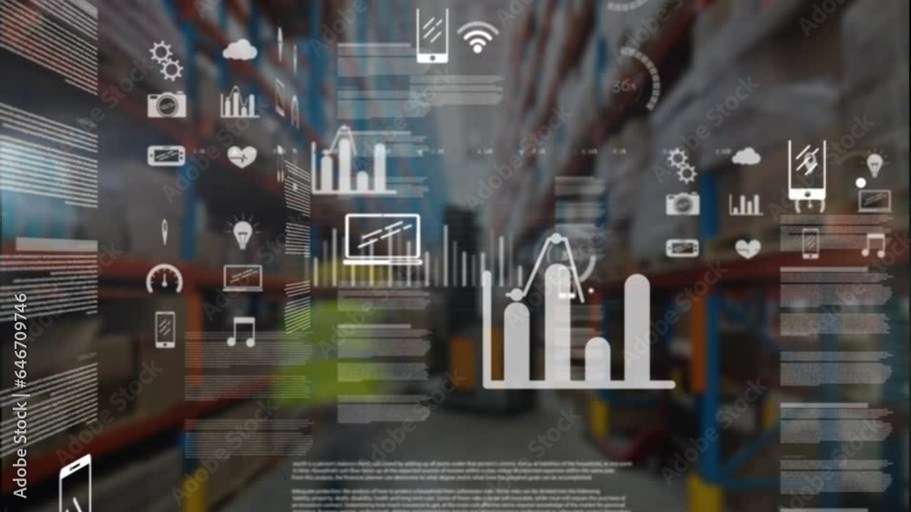 Poster animation of interface with data processing against warehouse