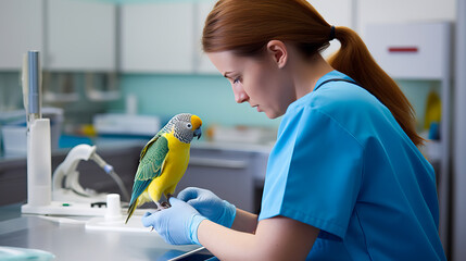 Veterinarian checking a parrot or parakeet at a vet clinic. Concept of pets and health. Shallow field of view with copy space.