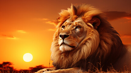 African lion and sunset in Africa. Savannah landscape