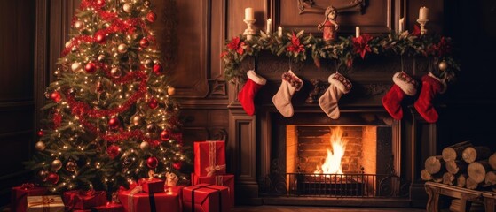 very beautiful and lush Christmas tree decorated with Christmas decorations at home with a fireplace