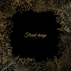 Vector hand drawn background with gold flower border of asters, daisies, botanical wreath 