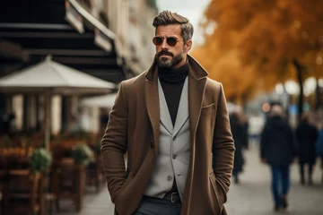 Fotobehang Brutal stylish adult caucasian male model wearing fashion glasses and brown coat walking on city street on autumn day, lifestyle © Sergio