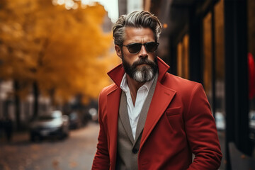 Portrait of brutal stylish middle-aged male model wearing fashion glasses and red coat on city street on autumn day looking away, lifestyle