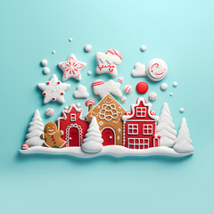 Christmas ginger bread house cookies isolated on a solid pastel background