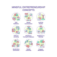 2D editable colorful thin line icons set representing mindful entrepreneurship, isolated vector, linear illustration.