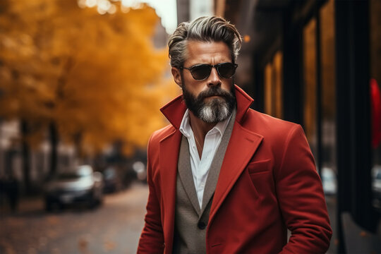 Portrait Of Brutal Stylish Middle-aged Male Model Wearing Fashion Glasses And Red Coat On City Street On Autumn Day Looking Away, Lifestyle