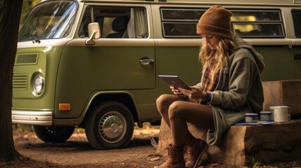 Young woman digital nomad engaging in remote work outside her vintage camper van