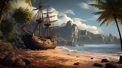  An old pirate shipwreck on a beach with palm trees © Ashley