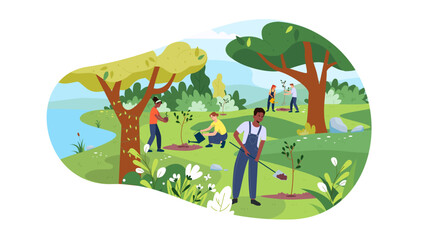 Vector landscape illustration of nature and people of different races restoring the forest. Joyful people plant trees. Colorful illustration of the park. Concept of teamwork, ecosystem conservation