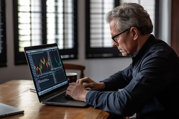 Old man looking at a laptop screen displaying stock charts