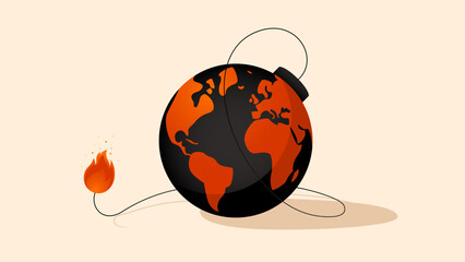 Vector illustration of the Earth globe in a shape of a bomb with a lit fuse. Concept illustration representing global warming, wars, terrorism, wildfires and record temperatures. Climate change icon.
