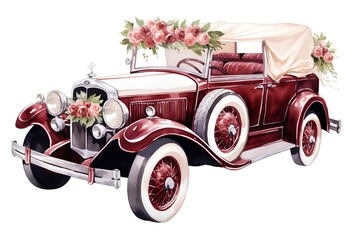 Vintage car with flowers. Isolated on a white background. - obrazy, fototapety, plakaty