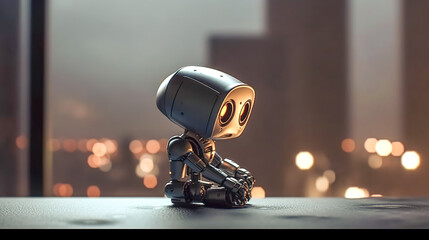 Fototapeta premium Robot on a blurred background with bokeh lights, generative AI.
