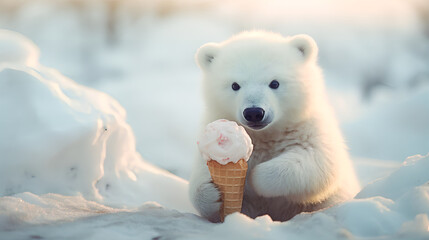 Polar bear in snow eating ice cream.