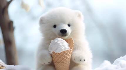Polar bear in snow eating ice cream.