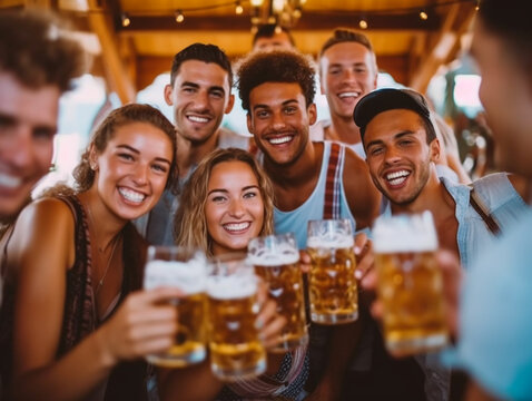 group of  young people drinking beer on the Octoberfest