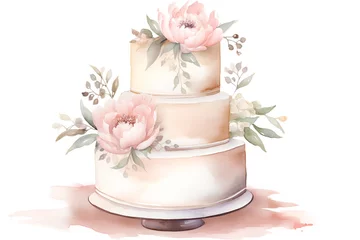 Fotobehang Beautiful vector image with nice watercolor wedding cake on white background © hungryai