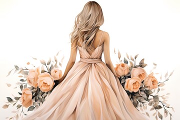 Beautiful girl in a long pink dress with a bouquet of flowers.