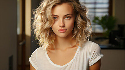 Fototapeta premium Blond Girl in White Shirt with Vibrant Tenwave Style