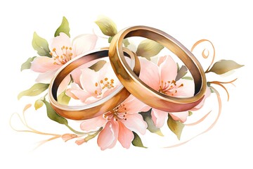 Wedding rings with floral bouquet. Watercolor illustration.