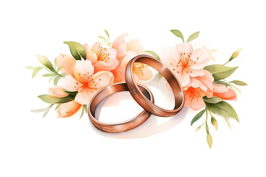 Wedding rings with rhododendron flowers. Watercolor illustration
