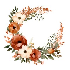 Watercolor floral wreath with anemone flowers and leaves, hand painted isolated on white background