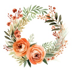 Watercolor floral wreath with orange roses, leaves and branches.