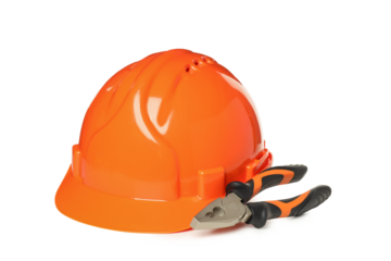 PNG, orange construction helmet and pliers, isolated on white background