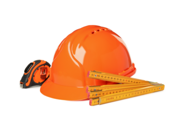 PNG, orange construction helmet and rulers, isolated on white background
