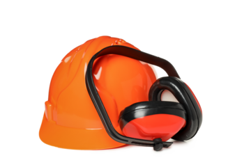 PNG, construction helmet and noise canceling headphones, isolated on white background